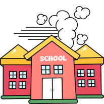 illustration of a school house with wilfire smoke overhead