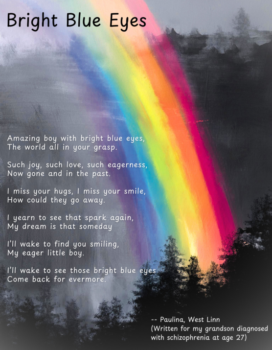 brightly colored partial rainbow against a black and white forest and sky, with a poem about mental wellness