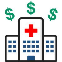 illlustration of a hospital with dollar signs floating above it