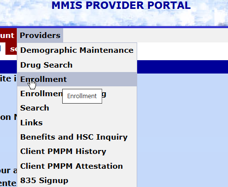 Image of a mouse clicking the Provider Portal "Providers" menu and selecting the "Enrollment" option