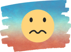 slightly worried face emoji against a red, white and blue artistic background