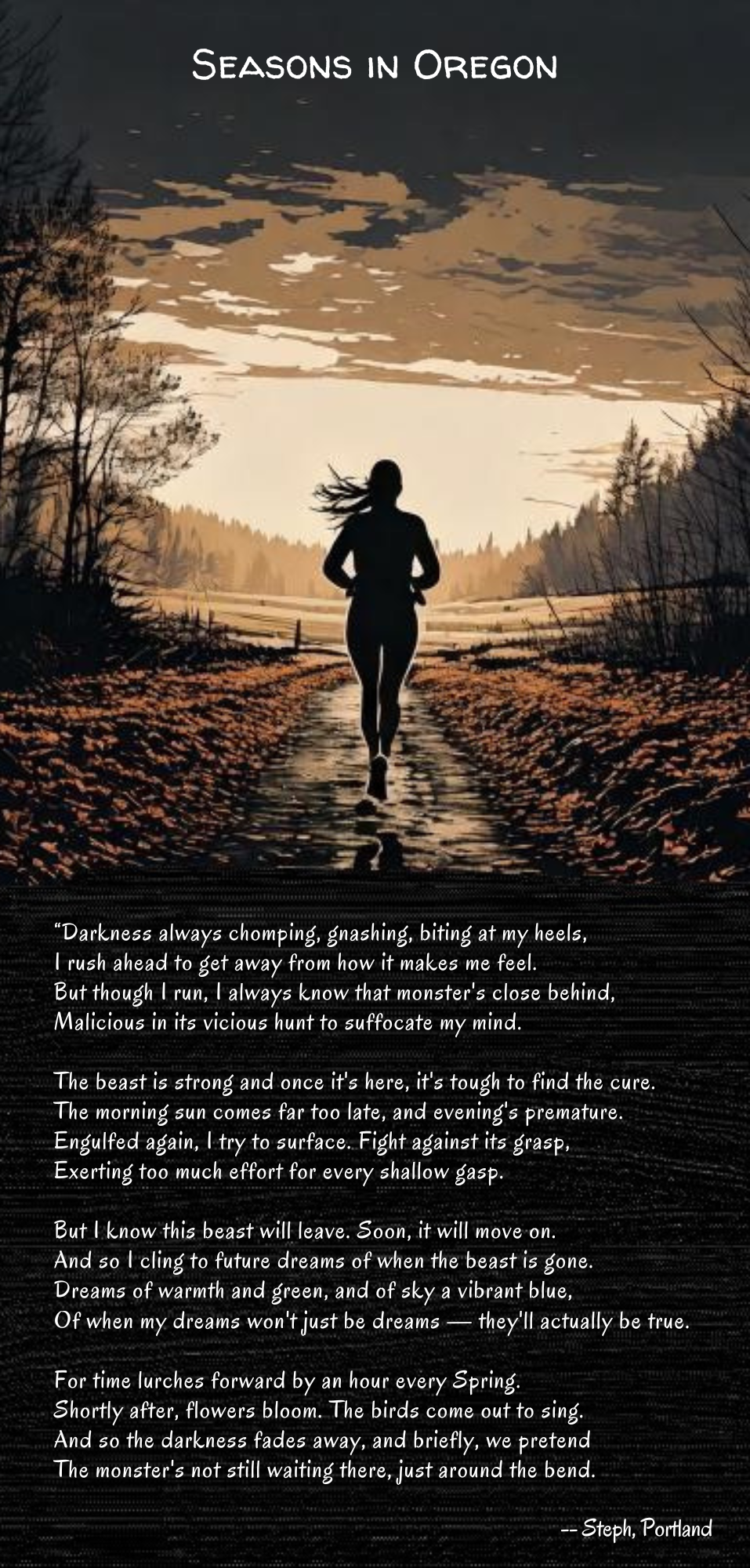 poem about mental wellness talking about the changing seasons in Oregon, with an image of a person jogging during the dark, early morning hours