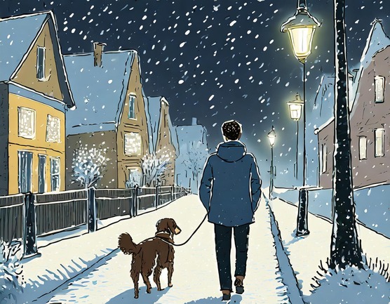 illustration of a man walking his dog alone at night in the snow along a residential street