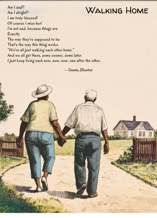 illustration of an elderly couple walking hand-in-hand up a driveway toward their home