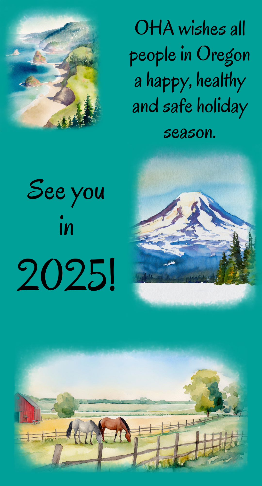 Holiday season message showing iconic symbols of Oregon's landscape from coast to coast