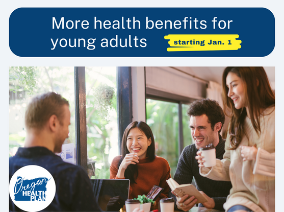 a group of young adults at a coffee shop, smiling, with copy saying "More health benefits for young adults"