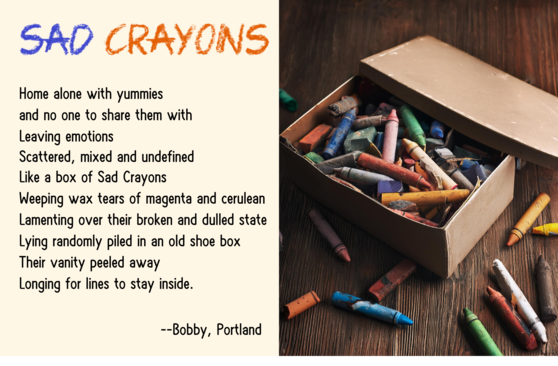 poem called Sad Crayons, with an image of a box of broken, scattered crayons