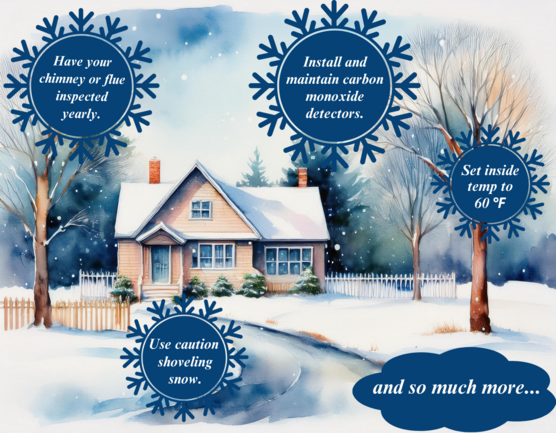 illustration of a house in the snow, with health and safety tips