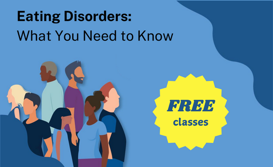 graphic image of a diverse group of people with messaging about eating disorder awareness and free classes
