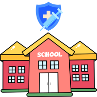 illustration of a school with a vaccine symbol above it