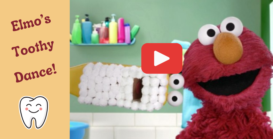 image of Elmo from sesame street promoting tooth brushing for kids, with a video play button
