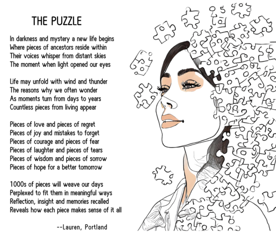 poem about mental wellness called "The Puzzle," with an illustration of a woman made out of puzzle pieces that are drifting away