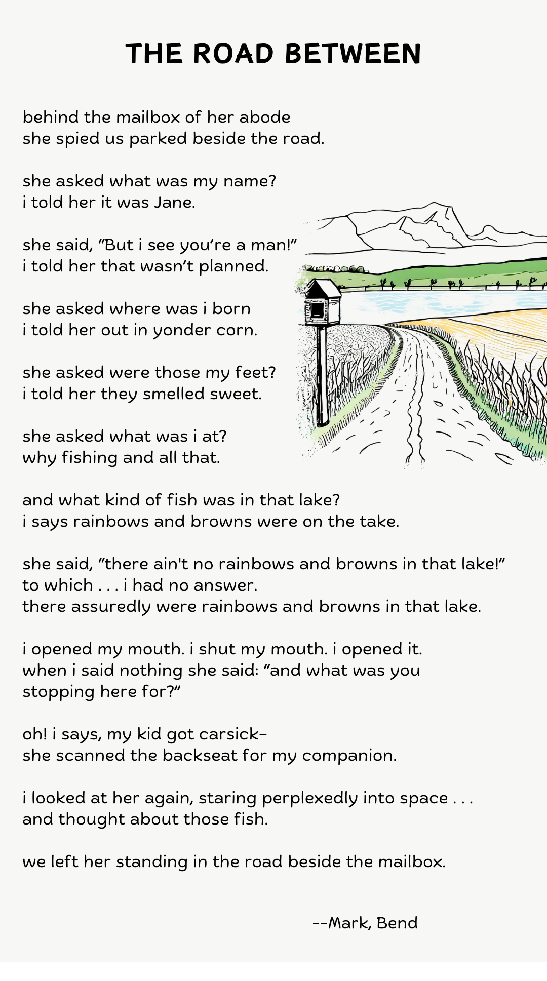 poem titled "The Road Between" with an illustration of a country road next to cornfields