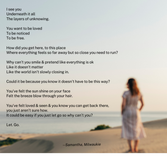 Poetry about letting go, with an image of a woman standing on the beach in the sun