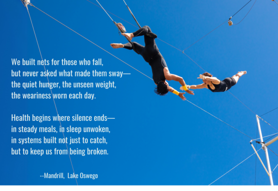 photo of a couple of trapeze artists swinging, with a poem about safety nets as a metaphor for health