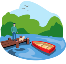 illustration of a lake, dock and row boat with a person and a dog standing on the dock