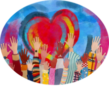 illustration of a bunch of hands reaching up against a large red heart