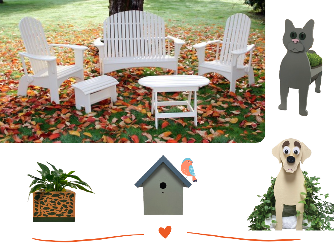 photo of adirondack chairs and other hand made wooden items