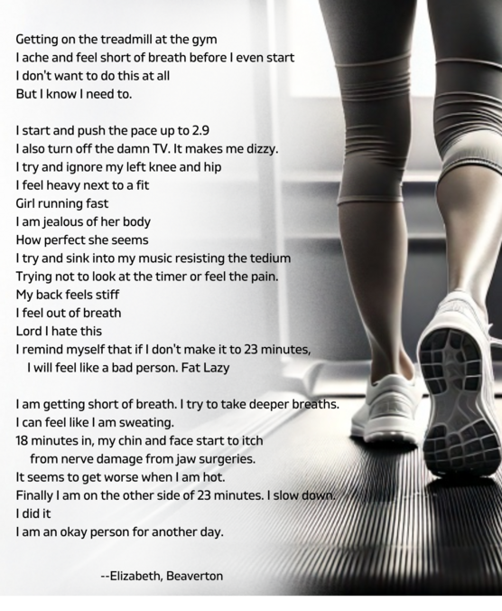 image of legs walking on a treadmill and poem about exercising on a treadmill