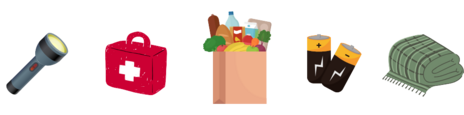 A row of emergency supply items such as a flashlight, bag of food, first aid kit, etc.