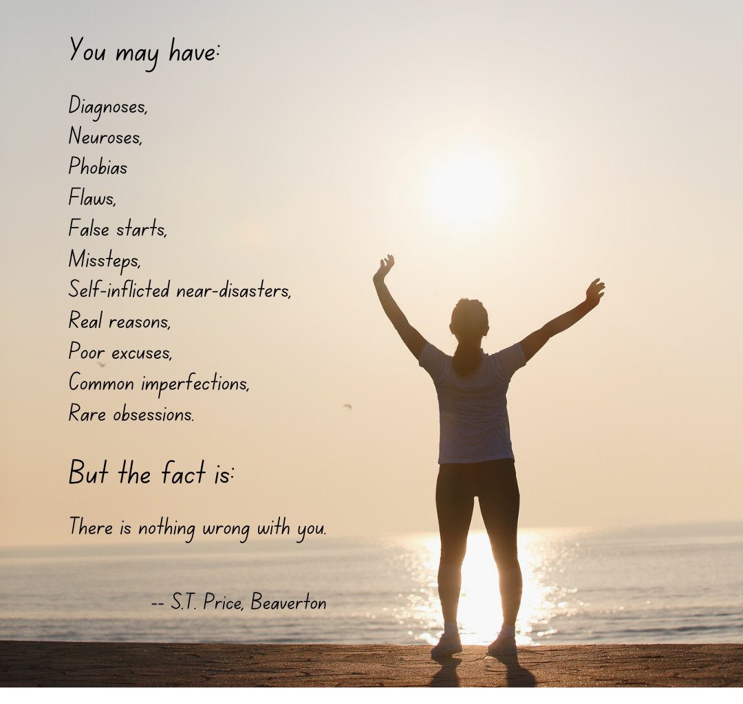 image of a woman on the beach with arms raised, and a poem about mental health