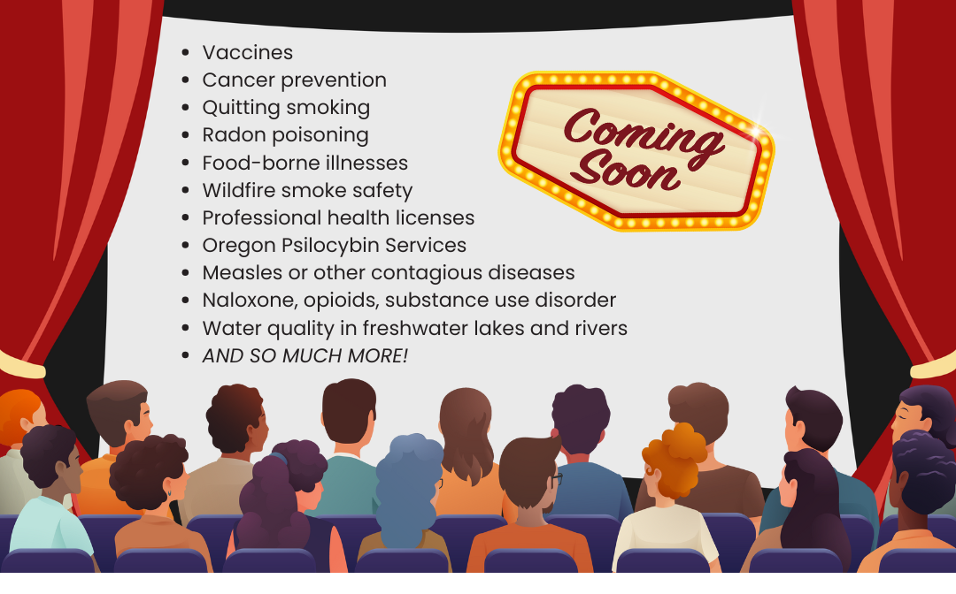 graphic of a movie theater with people sitting in seats in front of a movie screen with health topics, and the signage "Coming soon!"