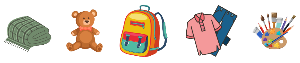 graphics of items - teddy bear, blanket, backpack, clothing, painting supplies