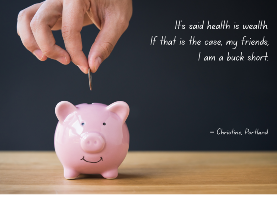 photo of a hand dropping a coin into a pink piggy bank and a poem about health being wealth