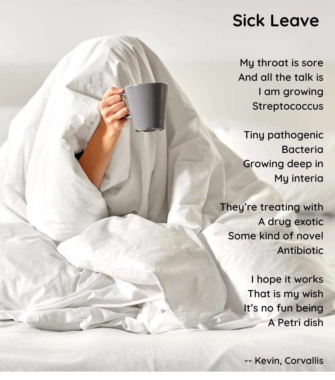 photo of a person under the blankets showing only a mug