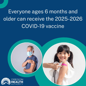 Social media graphic of doctor and child happily showing off their post-vaccine bandages