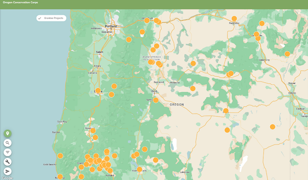 Map showing locations of stewardship and conservation efforts in Oregon