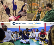 Photo collage of young adult volunteers. Some in a park, two on a bench talking, and a group in a school gym. AmeriCorps and OregonServes logos.