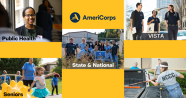 Photo collage highlighting young adult volunteers. Programs in text include public health, Seniors, State & National and Vista AmeriCorps programs.