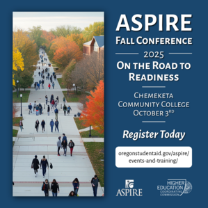 ASPIRE conference advertisement - image of students talking down a path