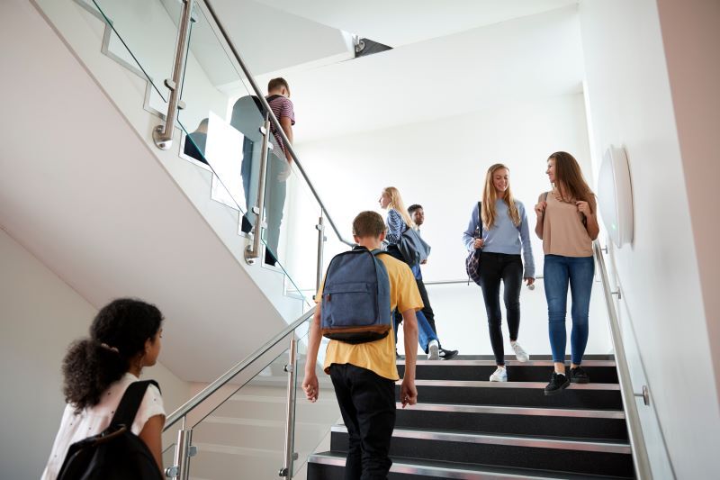 Students walking up a staircase