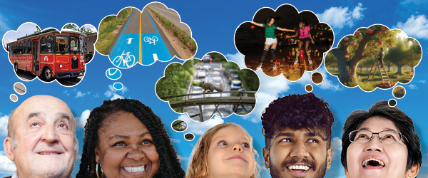 Hillsboro 2035_Diverse community members with ideas in thought bubbles