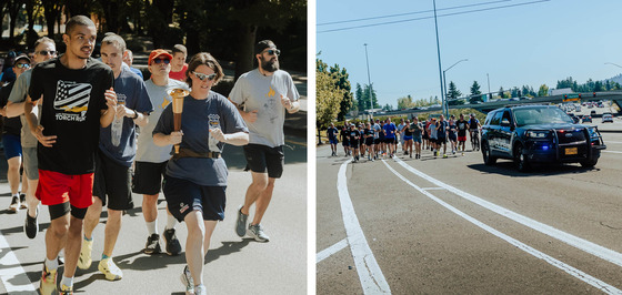 Two Photos in One Image. First - Runners Carrying to the Special Olympics Torch. Second - Police Vehicle Leading the Group of Runners on the Road