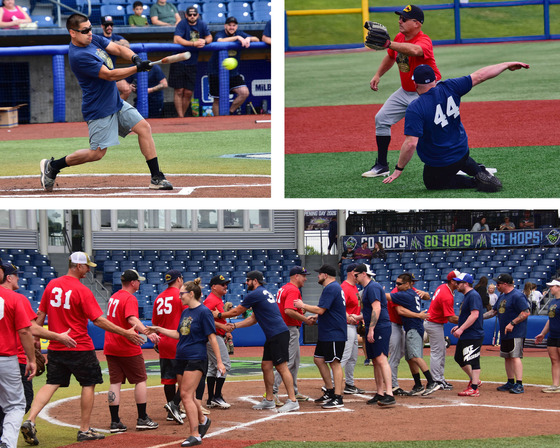 Officer batting; officer sliding into the base as firefighter tries to catch the baseball; team photo at end congratulating each other