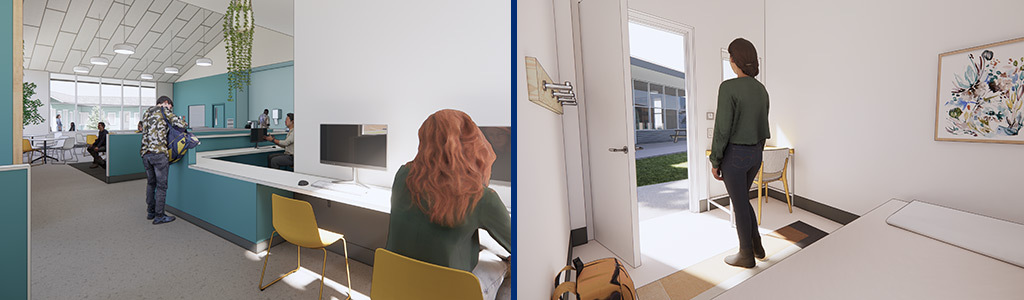 Year-round shelter interior artist renderings of lobby, community room, and individual shelter pod