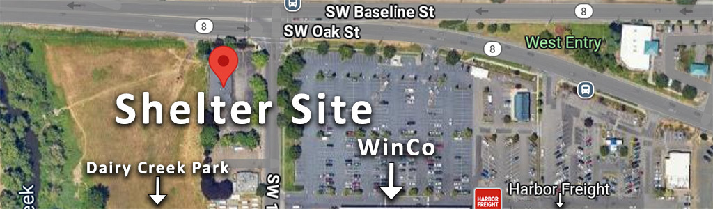 Aerial Map of the year-round shelter site with Winco and Dairy Creek Park labeled