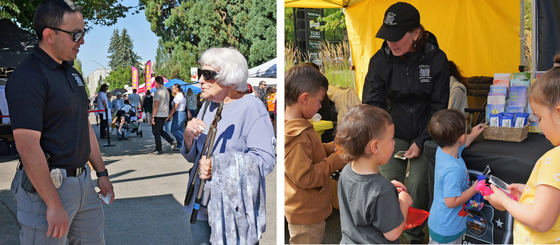 Police Officer talking to a community member; Police Department employee handing out stickers to kids