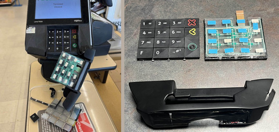 Side-by-side photos of a skimming device on a terminal and one disassembled 