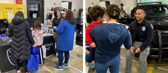 Hillsboro Fire & Rescue Open House - Hillsboro Police employee talks with community member; Hillsboro Police Officer talks with a mom and child
