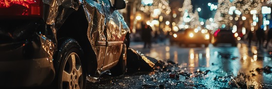 Car Crash with Lighted Christmas Trees in the Background