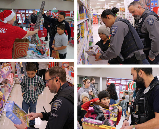 A collage of four pictures showing officers helping kids shop for Christmas gifts.
