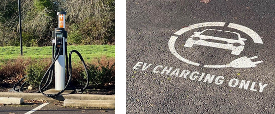 Two photos - One of an EV charging station and the other of EV Charging Only graphic on the asphalt of the parking spot