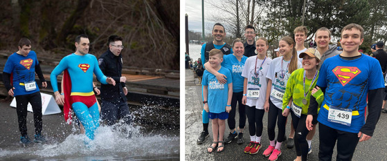 Two Photos - Two officers and a Special Olympics athlete running into the water and a team photo.