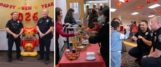 Hillsboro Police officers and professional staff talking with Lunar New Year Celebration attendees and serving tea.