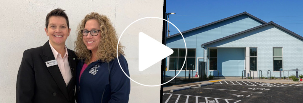 Mayor Beach Pace with Kim Marshall of Project Homeless Connect, Hillsboro Shelter Entrance, Video Play Button
