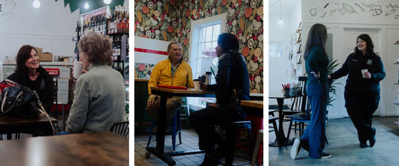 A collage of three photos - Hillsboro Police employees talking with community members